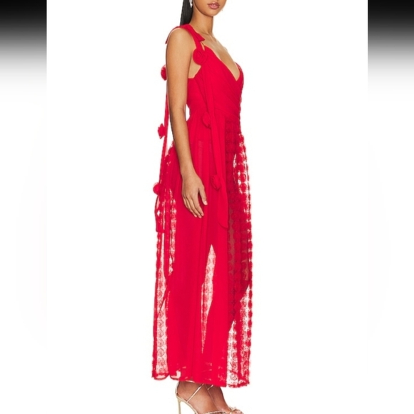 For Love And Lemons Hannah Red Rosette Sheer Maxi Dress NWT Size Small - Picture 2 of 16